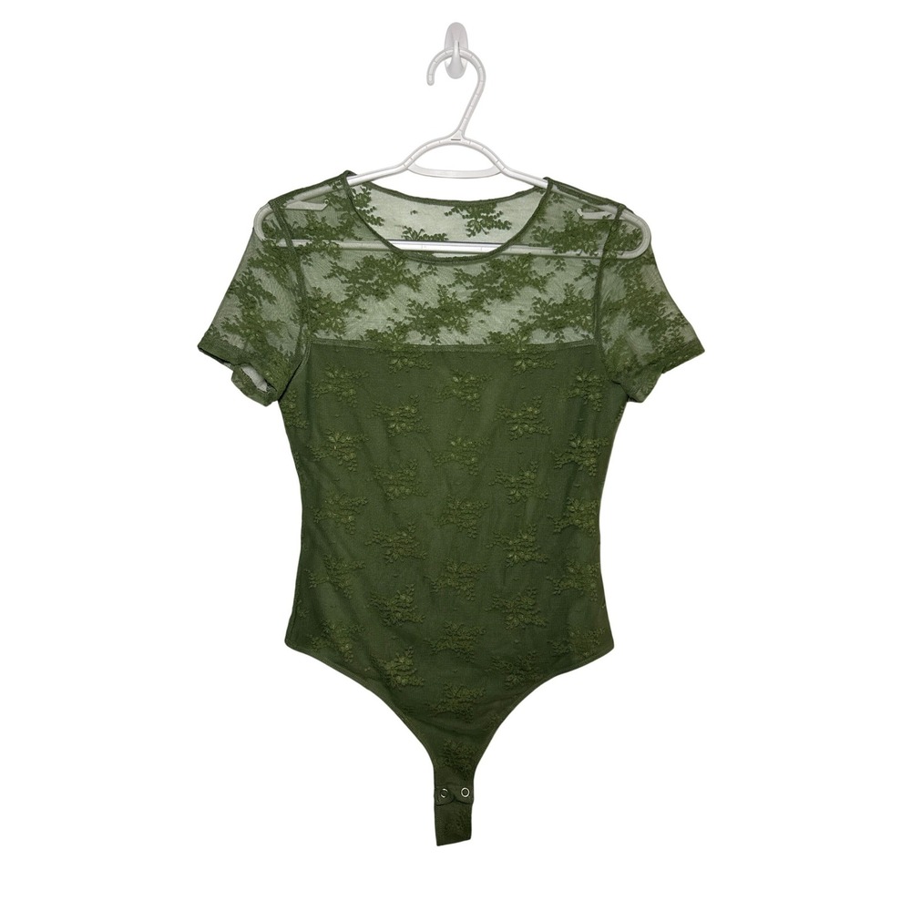 PinkmStyle Olive Green Floral Lace Mesh Bodysuit Short Sleeve Snap Crotch Medium
